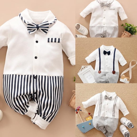 VOUZZA Infant Boys Gentleman Romper Newborn Long Sleeve Formal Tuxedo Suit Bodysuit with Bowtie Dress Clothes for Photography