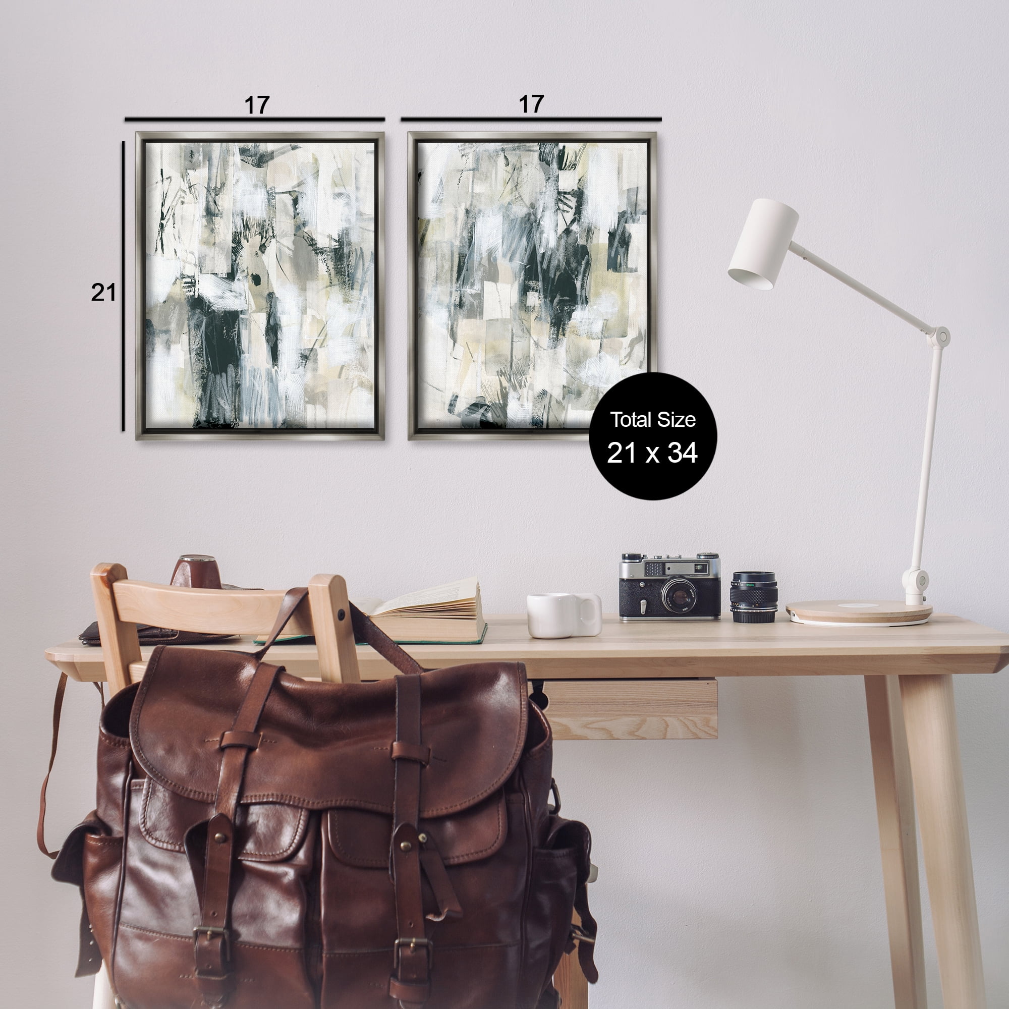 Stupell Industries Abstract Charcoal and Beige Abstract Painting Gray Floater Framed Canvas Art Print Wall Art, 17 x 21, Set of 2