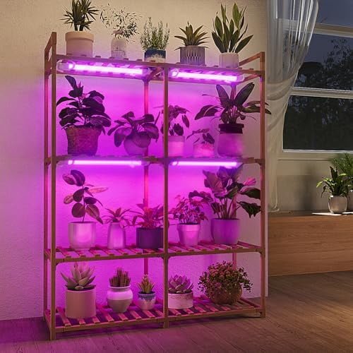 Plant Stand with Grow Lights for Indoor Plants Wood Plant Shelf 4 Tier Large Flower Stand for Mutiple Plant Holder Rack for Patio Living Room BalconyDecor Purple Light