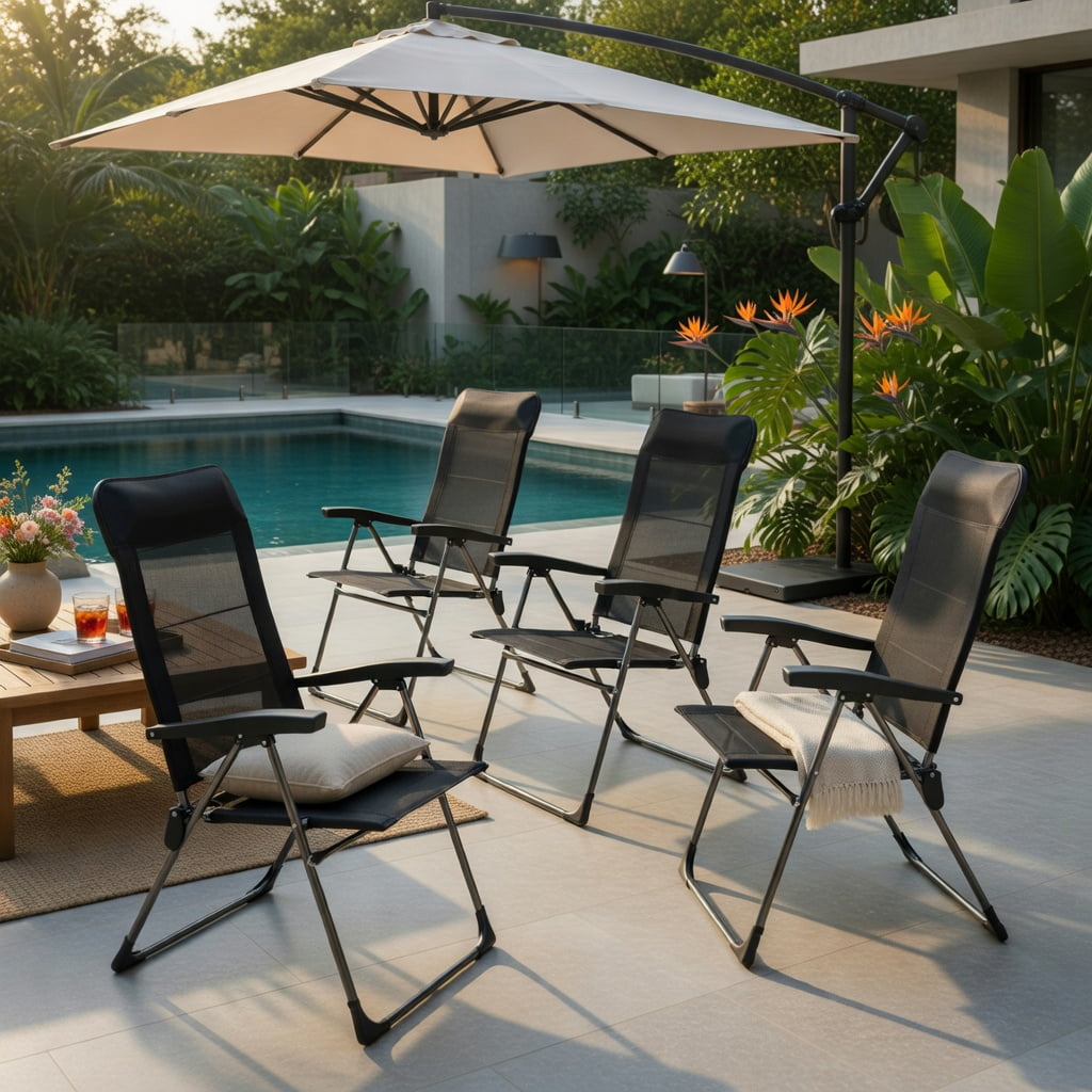 Hommoo 2-Pack Foldable Outdoor Dining Chairs with Adjustable Headrest & Reinforced Iron Frame, Portable Patio, Camping, Deck, and Poolside Seating, Black