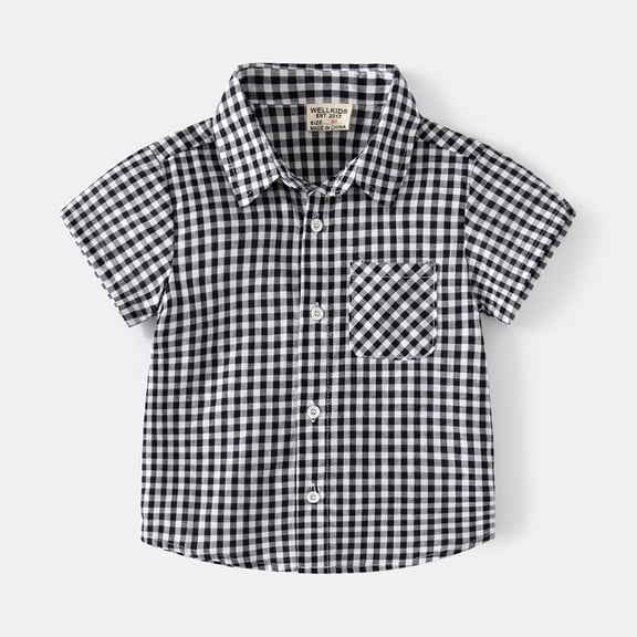 Trendfront Toddler Boys Trendy Plaid Checkered Pattern Tops Casual Short Sleeve Button Up T Shirts Collared Turn Down Neck Fashion Casual Tee
