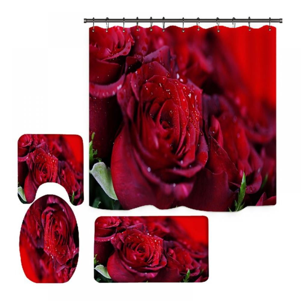 Red Rose Shower Curtain Sets with NonSlip Rugs,Bath Mat,Toilet Lid