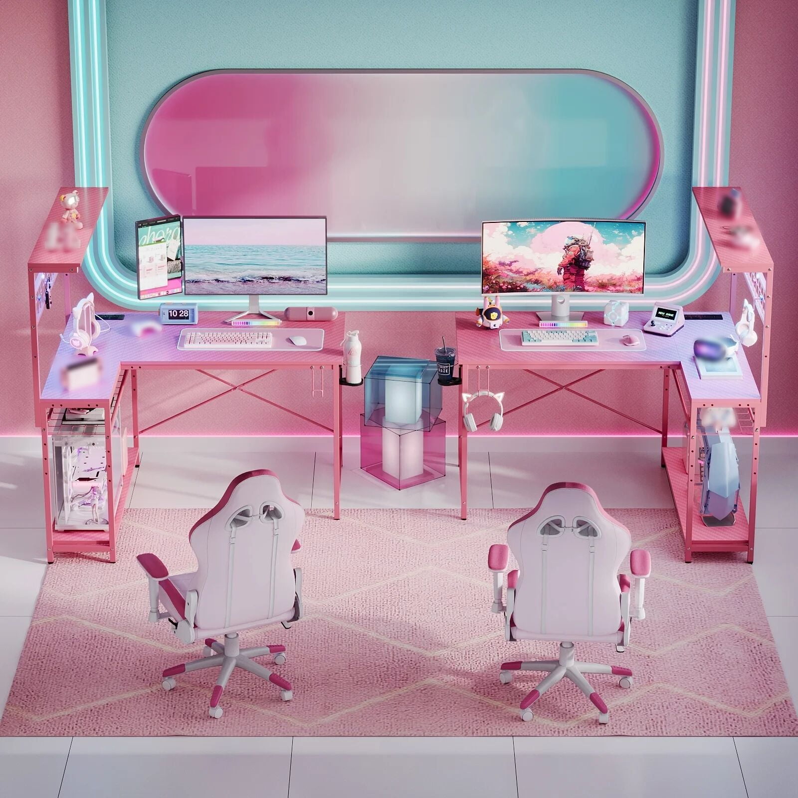 Bestier 42 inch L Shaped Gaming Desk with LED Lights & Power Outlet, Reversible Corner Computer Desk with Hutch & Storage Shelves for Home Office, Pink