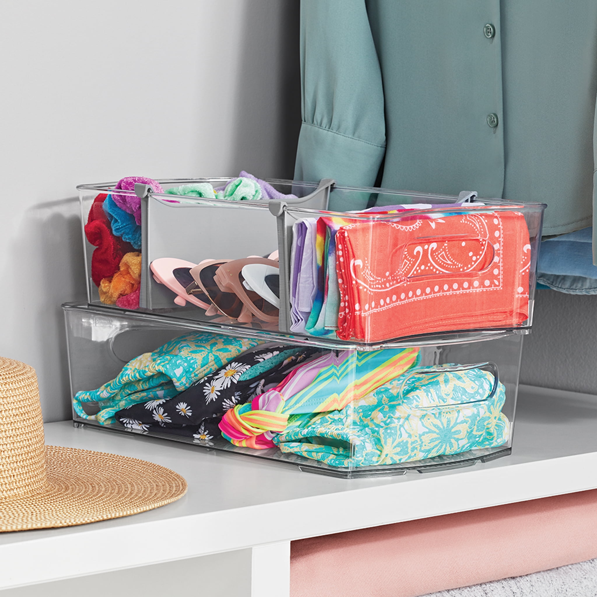 Mainstays Clear Wide Closet and Laundry Organizer Bin with Dividers