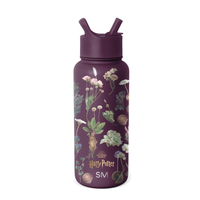 botella de agua sencilla y moderna de harry potter de 950 ml con aislamiento, color púrpura; vista frontal centrada de termo de acero inoxidable de 32 oz con aislamiento de doble pared y acabado mate, estampado botánico de la colección Herbología y logotipo Harry Potter con siglas SM en la base; tapa con pajita integrada y cierre roscado, fondo plano, reutilizable y a prueba de fugas, adecuada para llevar en mochila o bolso.