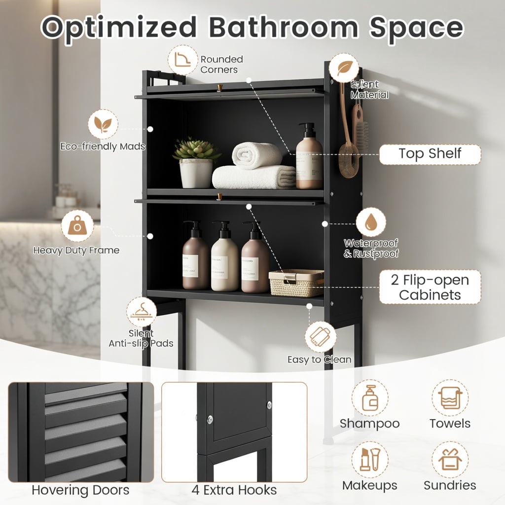 Hommoo Over the Toilet Storage Cabinet with Flip-Up Doors, 2-Tier Bathroom Organizer for Shampoo & Toiletries, Space-Saving Steel Frame with Adjustable Feet & Wall Anchors, Black