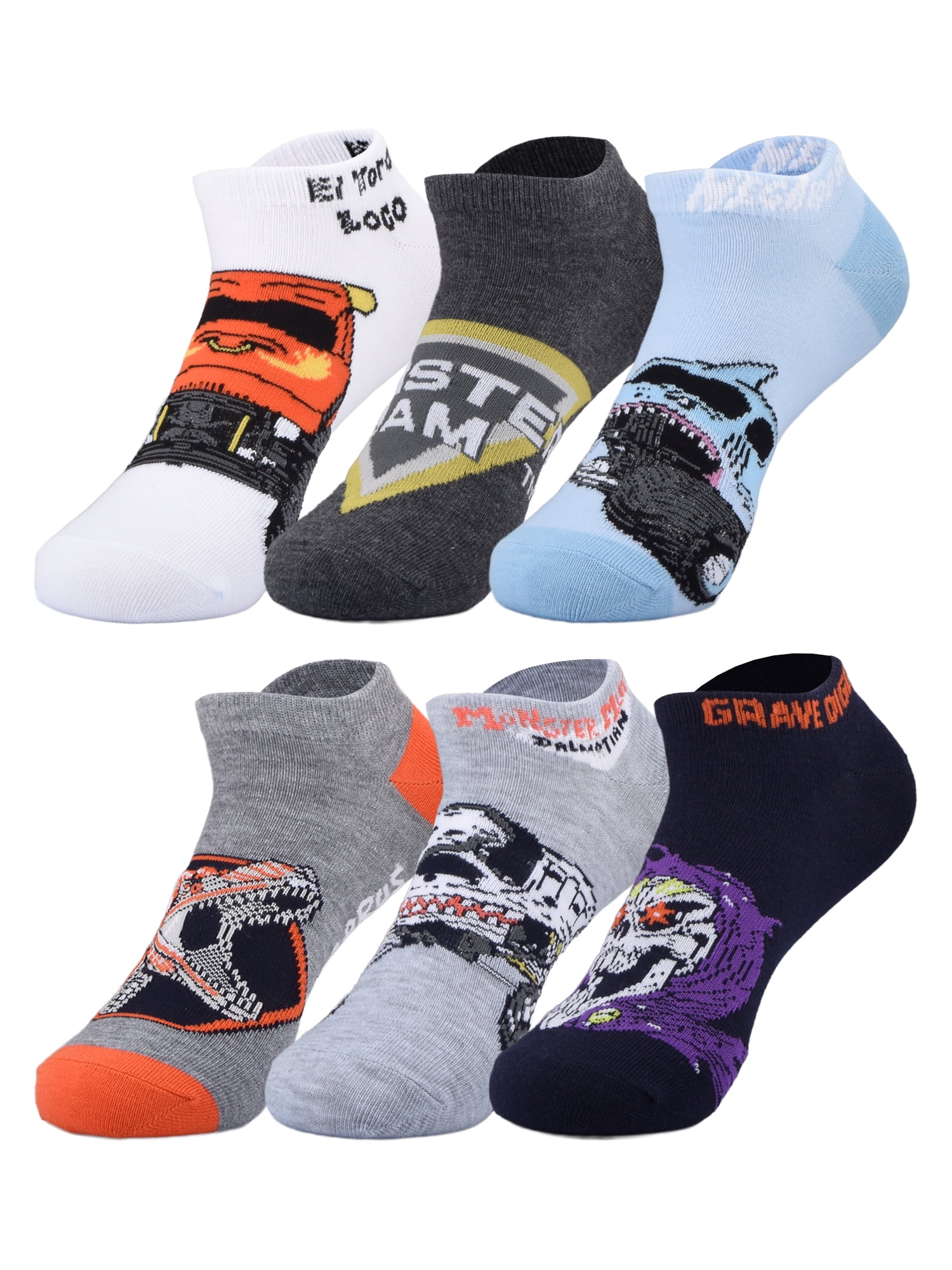Monster Jam Boys No Show Socks, 6-Pack, Size Large