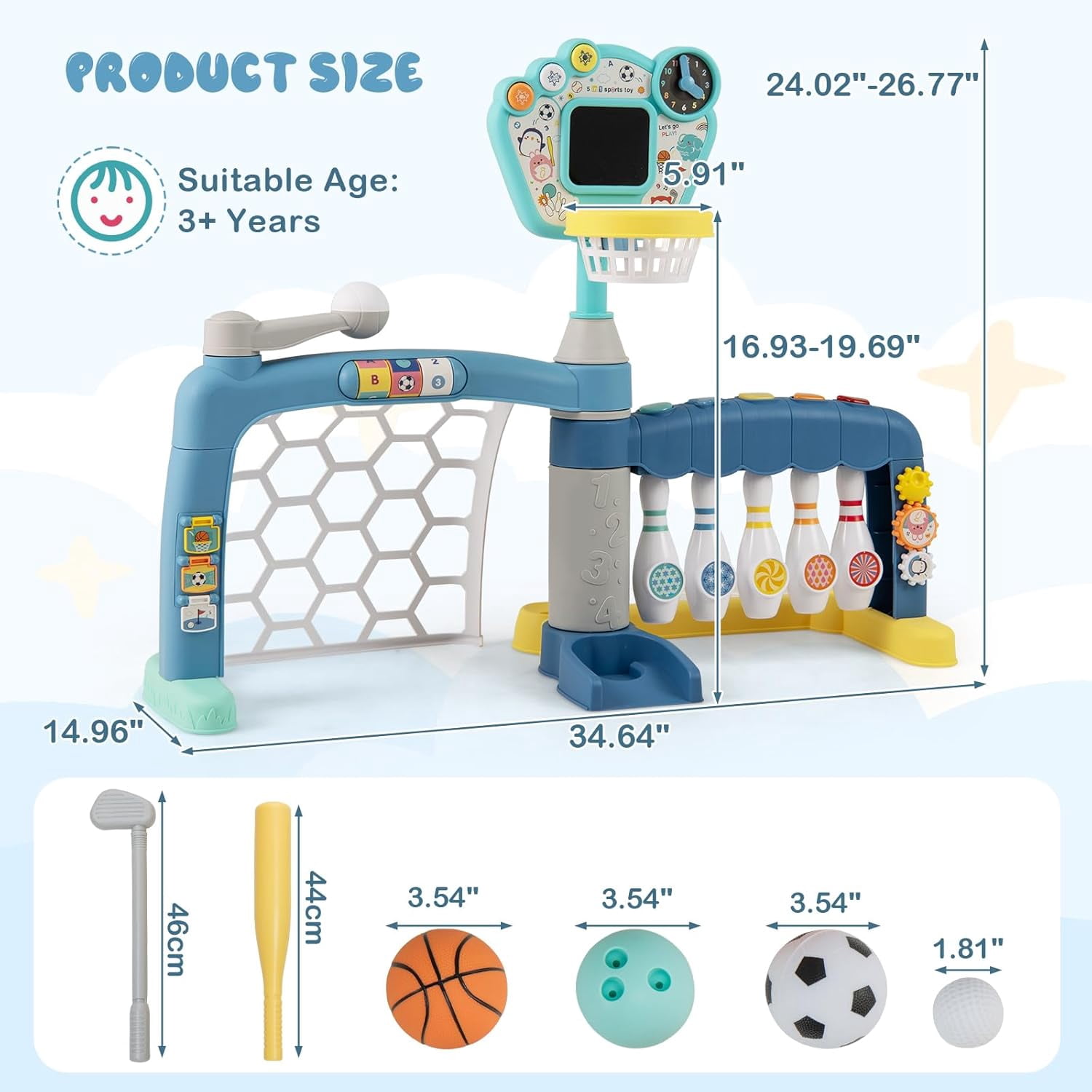 OLAKIDS Toddler Basketball Hoop, 5 in 1 Adjustable Baby Sports Activity Center Soccer Bowling Baseball Golf Set, Indoor Outdoor Foldable Kids Play Toy Birthday Gift with Light Music for Boys Girls