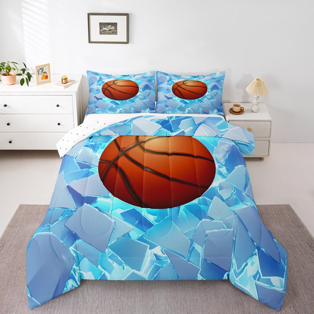 Erosebridal Ensemble de Douillette Simple de Basketball, Édredon Rectangle Géométrique, Orange et Bleu, Réversible, Léger, 2 Pcs