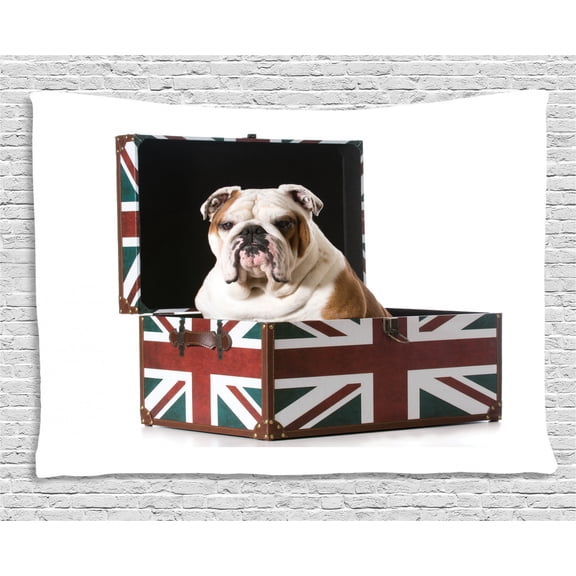 English Bulldog Tapestry, Cute Bulldog Sitting in Union Jack Britain Themed Box Patriotic Design, Wall Hanging for Bedroom Living Room Dorm Decor, 60W X 40L Inches, Multicolor, by Ambesonne