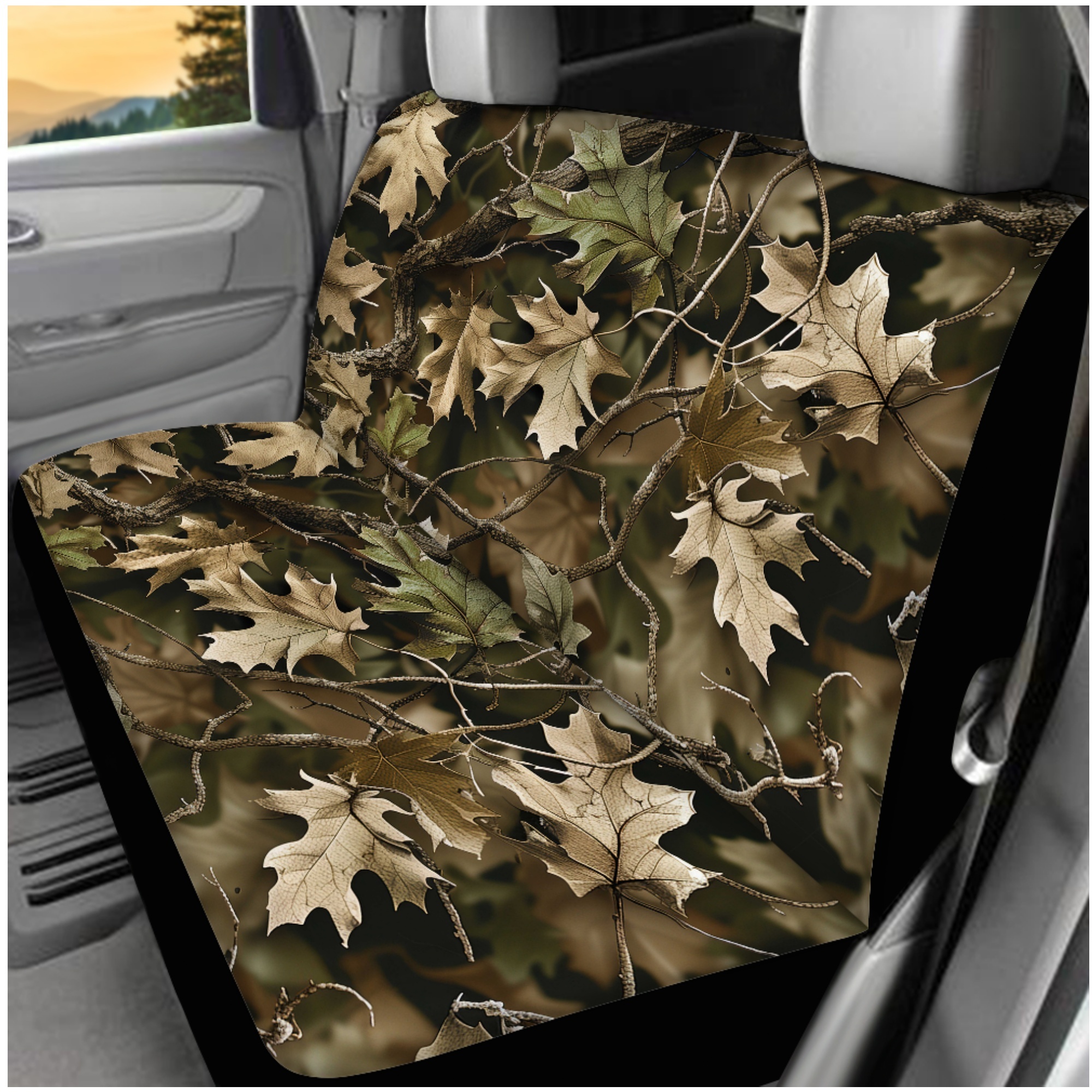 Jeiento Camo Oak 14 PCS Car Seat Covers and Steering Wheel Cover Seatbelt Strap Pad Armrest Cover Pad Hunting Wood Headrest Cover Cup Coasters Key Ring Auto Accessory Sets Interior Decor