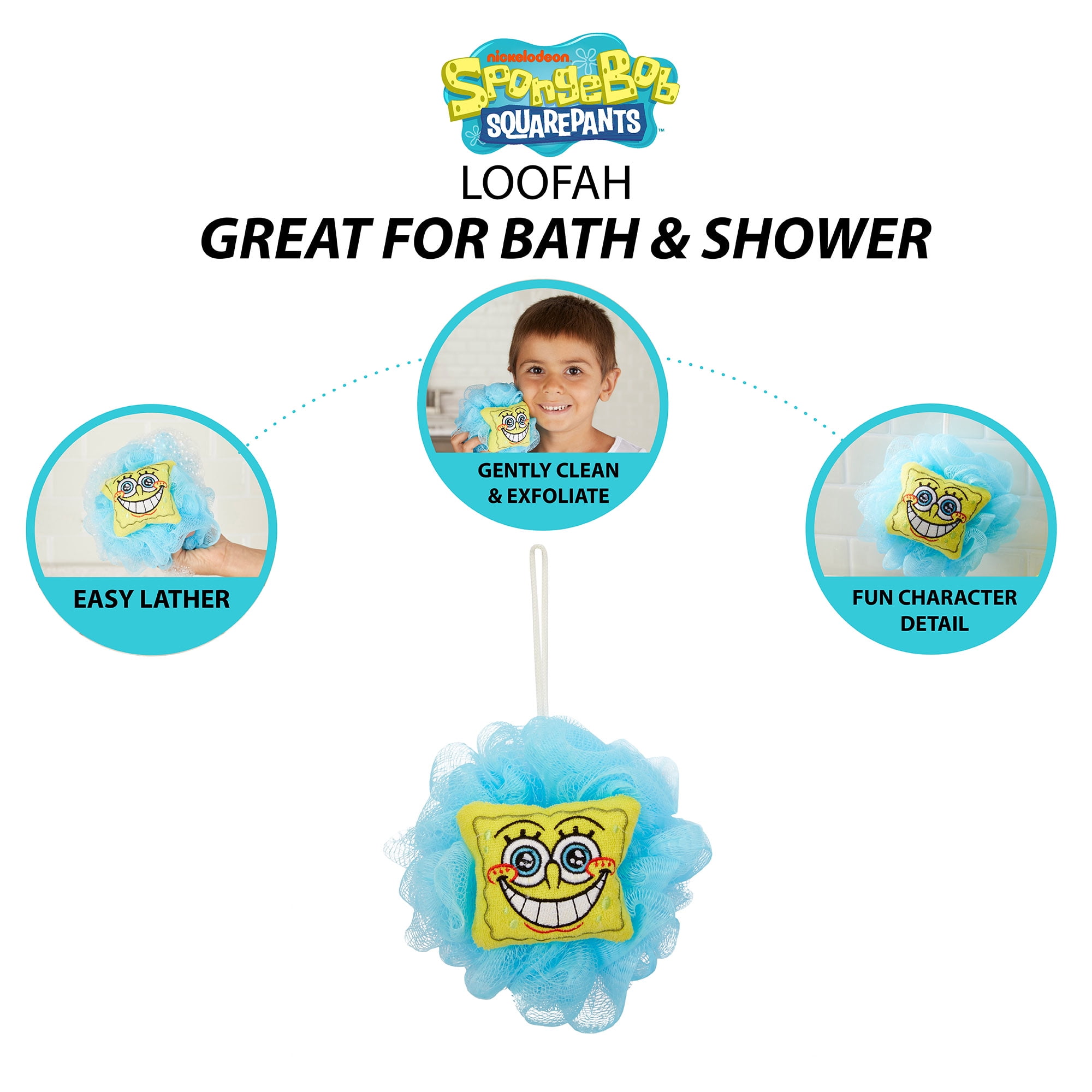 SpongeBob SquarePants Kids Hooded Towel and Character Loofah Set, Cotton,  Blue, Nickelodeon 