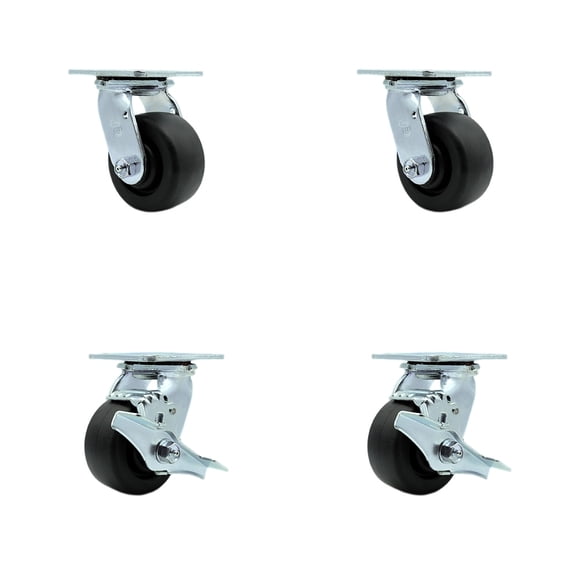 4 Inch Polyolefin Swivel Caster Set with Ball Bearings 2 Brakes Service Caster