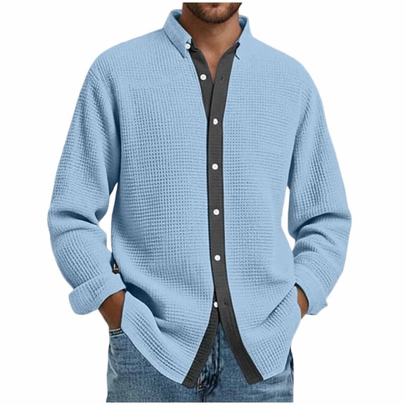 Long Sleeve Shirts for Men, Men's Button Down Waffle Textured Shirt Casual Long Sleeve Lapel Neck Wrinkle Free Untucked Shirts Fashion Clothes