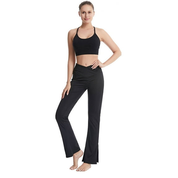 Women's Casual Bootleg Yoga Pants High Waisted V Crossover Workout Pants, Black, S