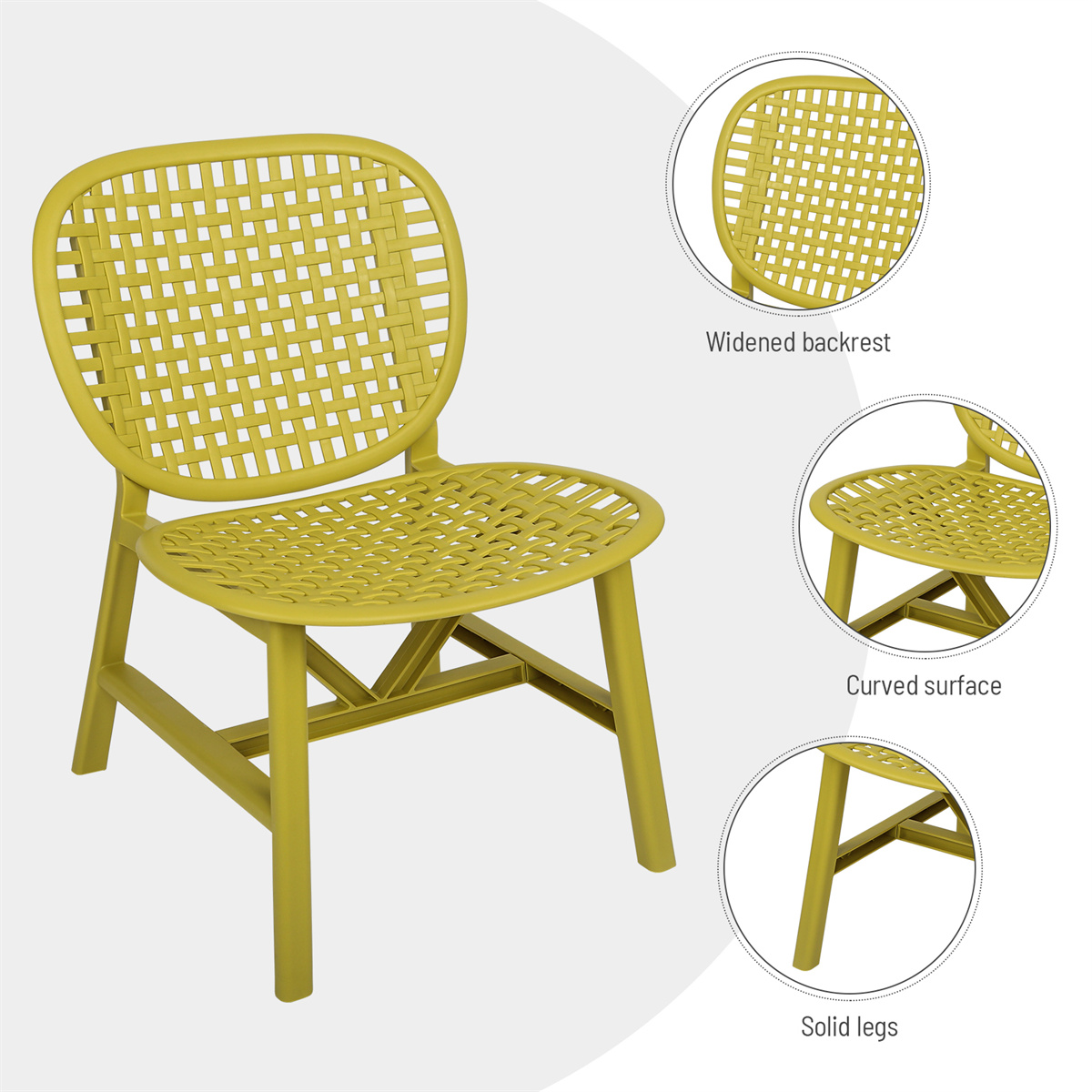 3Pcs Patio Table Chair Set, Bistro Set Hollow Conversation Coffee Table Set with 1 End Table & 2 Lounge Chairs, All Weather Outdoor Patio Chair with Widened Seat for Balcony Garden Yard, Yellow - image 5 of 7