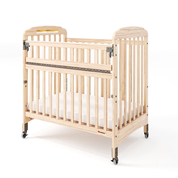 Foundations Serenity SafeReach Slatted Crib with Adjustable Mattress Board, Compact Wooden Baby Crib with Commercial Grade Casters, Includes 3 Foam Mattress (Natural)