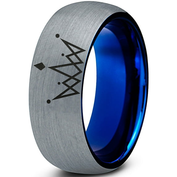 Tungsten Crown Royalty King Queen Diamond Circle Band Ring 8mm Men Women Comfort Fit Blue Dome Brushed Gray Polished