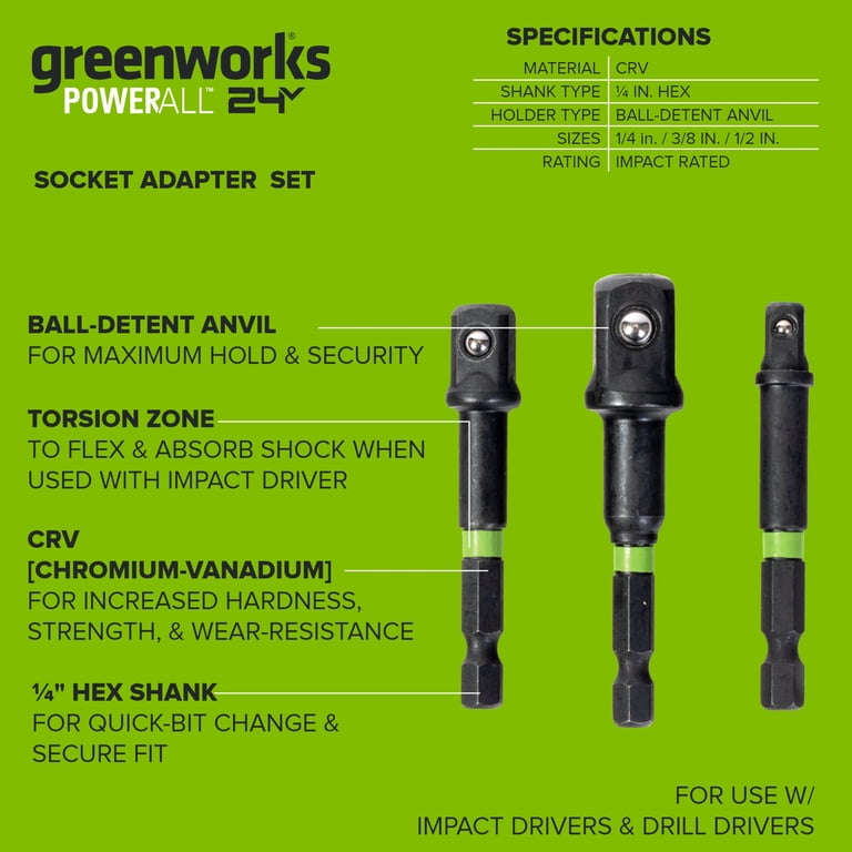 Greenworks 3-Piece Socket Adapter Kit (1/4