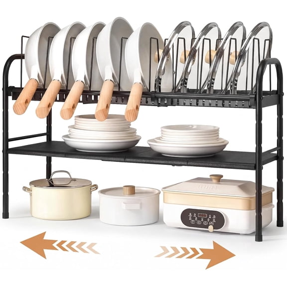 Expandable 2-Tier Pots and Pans Organizer, Adjustable Under Cabinet Cookware Storage Rack with 10 Dividers