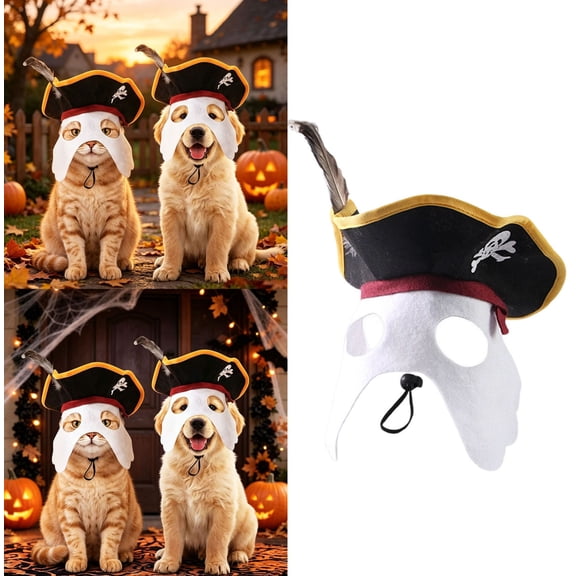 Pet Pirate Halloween Set, Adjustable Tricorn Hat with Eye Patch for Small Medium Cats & Puppies, Funny Pet Cosplay Accessory for Halloween Party Trick or Treat 8"