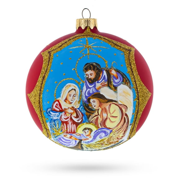 Divine Angel & Holy Family Admiring Jesus Nativity Glass Ball Christmas Ornament 4 Inches