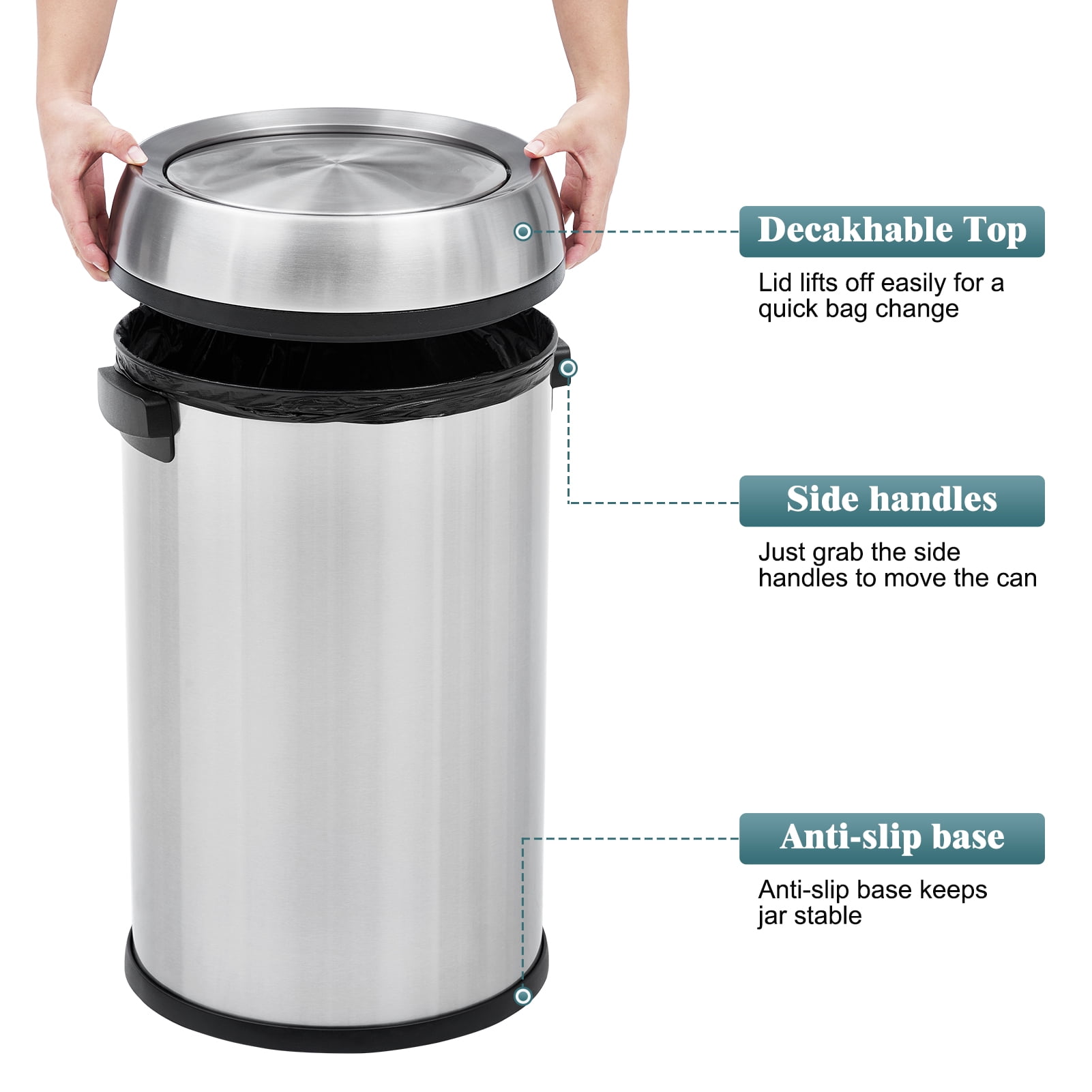 17 Gallon Large Capacity Kitchen Trash Can, Commercial Open Trash Can, Heavy Duty Brushed Stainless Steel Garbage Can, 65 Liter, Suitable for Kitchen Outdoor Office