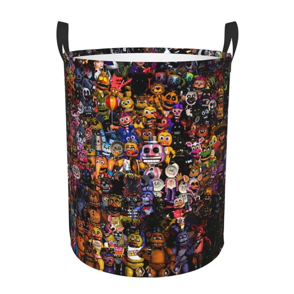 Saiise Five Nights At Freddy'S Print Laundry Basket Circular Laundry Hamper with Handles Waterproof Dirty Clothes Storage Basket for Bedroom Bathroom Dorm Living Room-Small