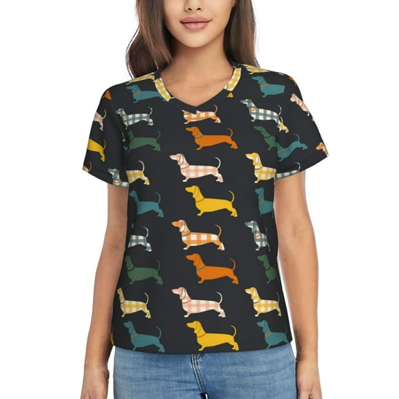 Honeii Plaid Dachshund Print Women's Classic V-Neck T-Shirt,Womens Fashion Tops,Stylish Everyday Top for Women, Casual Summer Spring Outfits Clothes-Small