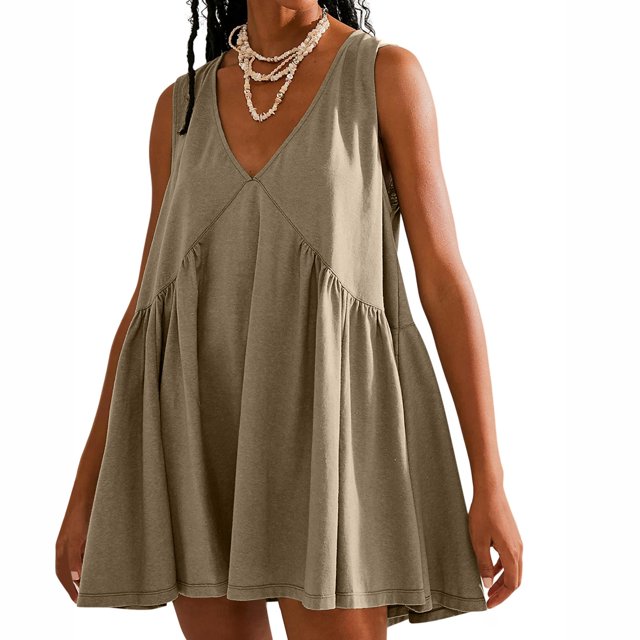 Robe pour Femmes, Coupe Ample Décontractée Sans Manches Col en V, Robe d'Été Plissée en Polyester Facile d'Entretien pour Usage Quotidien