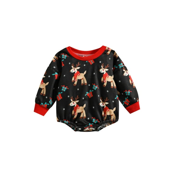 Qmyliery Baby Girls Boys Christmas Romper Elk Snowman Santa Print Round Neck Long Sleeve Jumpsuits Autumn One-Piece Clothes