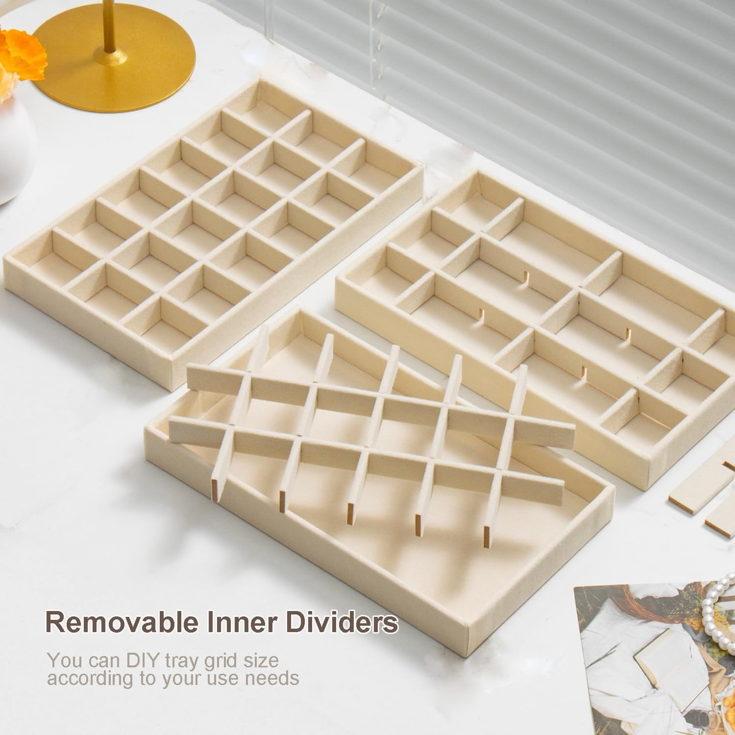Stackable  Organizer Trays Set of 9, Small   Organizers Earring Necklace Ring Bracelet Display Case Storage for Drawer Dresser (Beige)