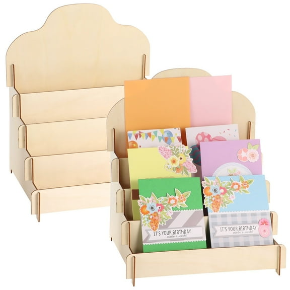 2 Pcs Greeting Card Display Stands, 4-tier Wooden Sticker Display Racks, Portable Card Organizers, Blank Retail Display Shelves, Postcard Storage Holders for Counter