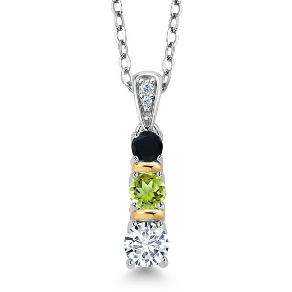 Gem Stone King 925 Silver and 10K Yellow Gold Round White Lab Grown Diamond Green Peridot and Black Onyx Pendant Necklace for Women (0.58 Cttw, Gemstone April Birthstone, with 18 inch Chain)