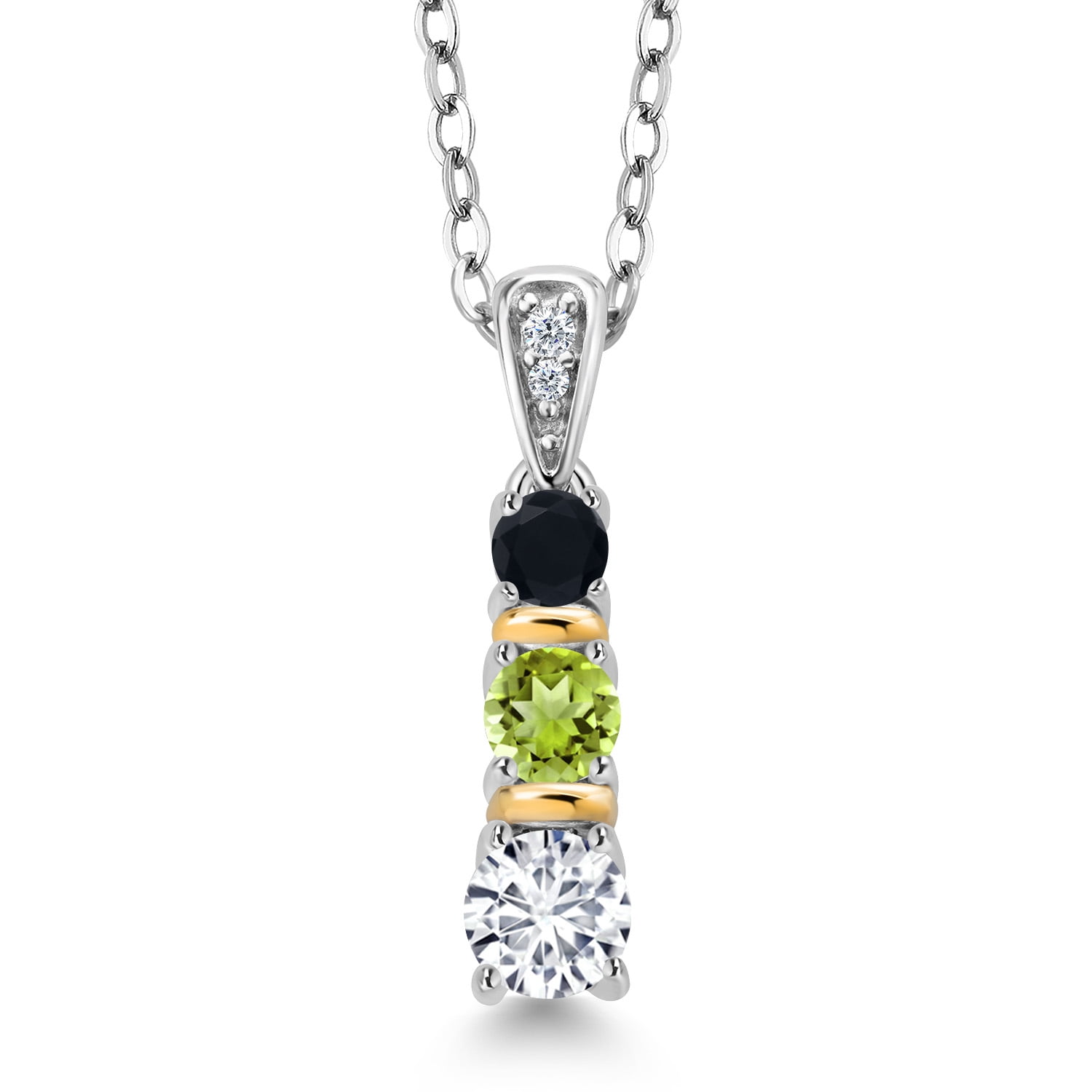 Gem Stone King 925 Silver and 10K Yellow Gold Round White Lab Grown Diamond Green Peridot and Black Onyx Pendant Necklace for Women (0.58 Cttw, Gemstone April Birthstone, with 18 inch Chain)