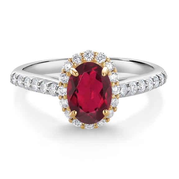 Gem Stone King 10K White Gold Ruby Red Mystic Topaz White White Lab Grown Diamond Halo Engagement Ring for Women (1.11 Cttw, Oval 7X5MM, Gemstone, Size 8)