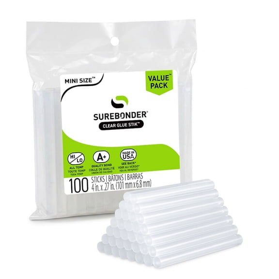 Surebonder Mini Hot Glue Sticks 100-Pack, Clear, Non-Toxic, Multi-Temp, 4-Inch x 0.27-Inch for Mini Glue Guns, DIY, Arts, Crafts & Home Repairs