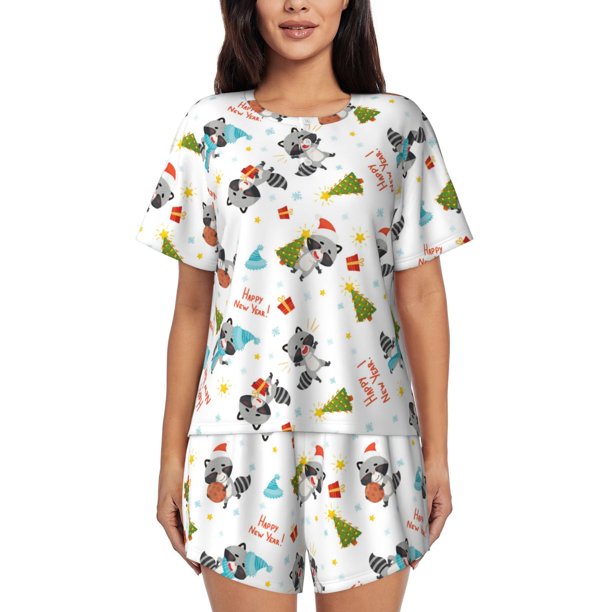 Fotbe happy new year Raccoon Conjunto de Pijama Estampado para Mujer, 2 Piezas, Ropa de Dormir con Camiseta de Manga Corta y Shorts Suaves-X-Large