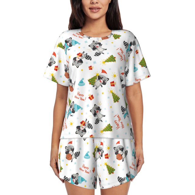 Balery happy new year Raccoon Conjunto de Pijama para Mujer con Estampado, Dos Piezas de Manga Corta y Shorts, Ropa de Dormir Suave con Cuello Redondo y Bolsillos-X-Large