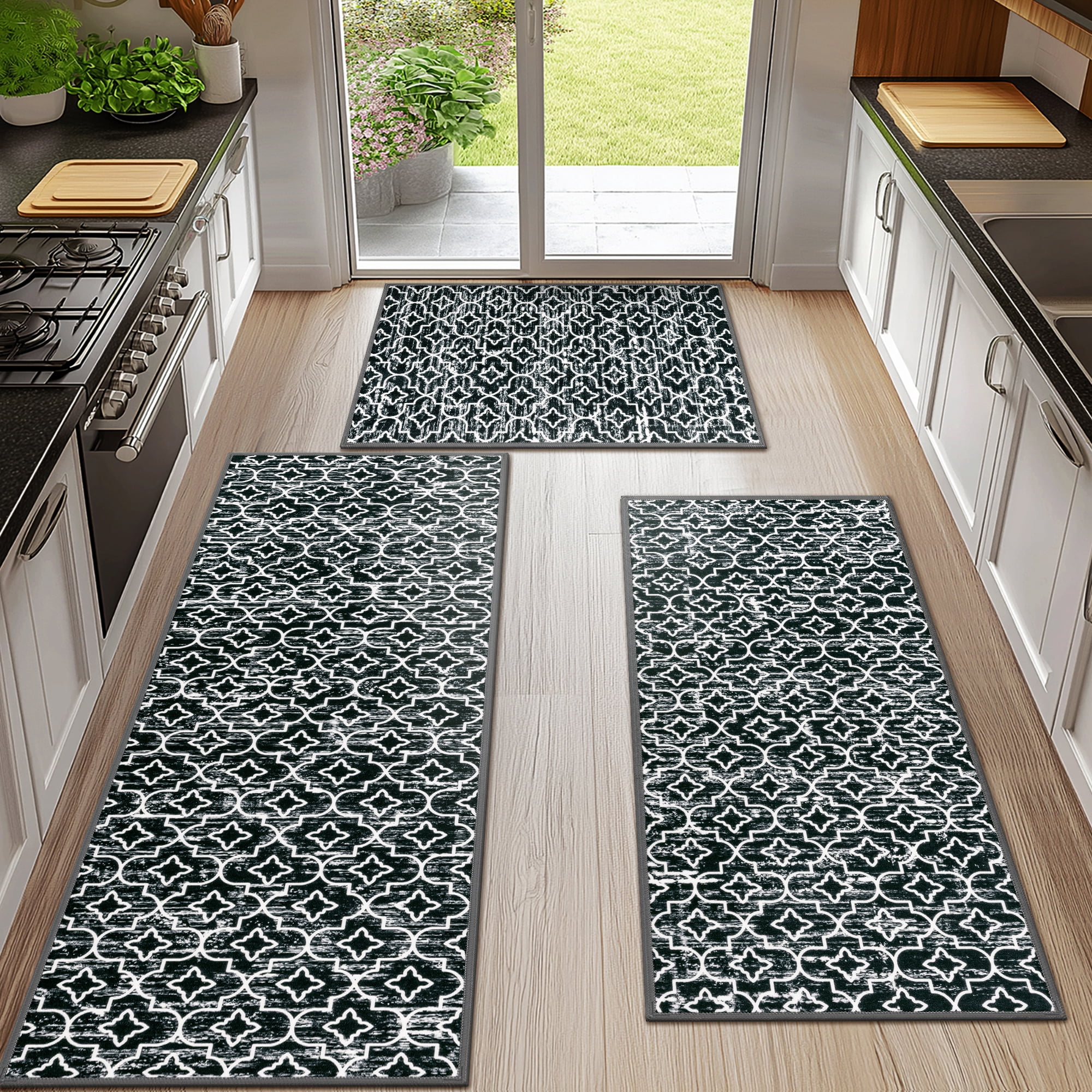 MeyJey Black Kitchen Rug Set 3 Piece, Non Slip Machine Washable Mats for Home Floor and Living Room