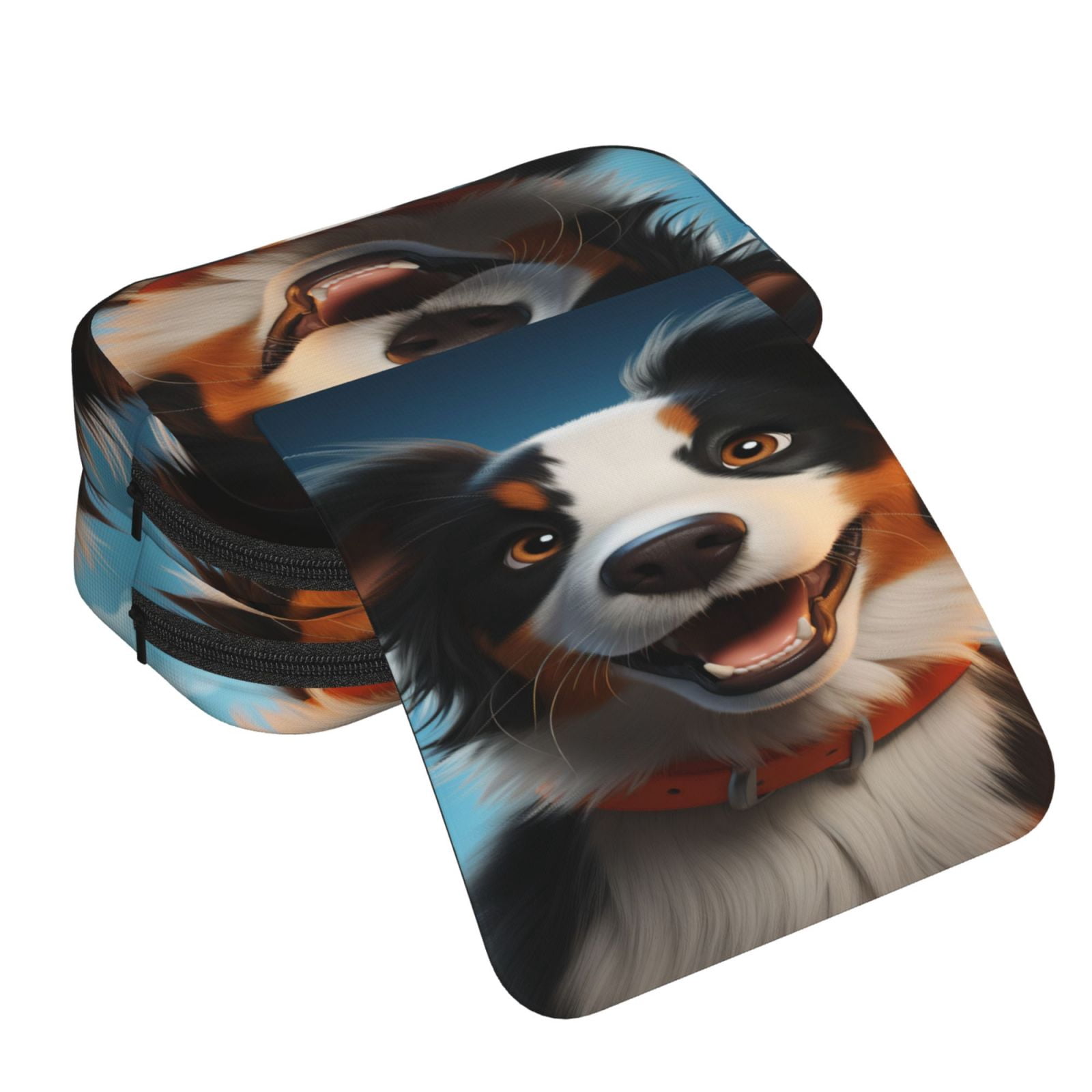 Rateoe Playful Smile Cute Dog Pattern Double Clamshell Pen Case, Storage Organizer with Two Zipper Compartments– Holds Up to 50 Pencils & Pens