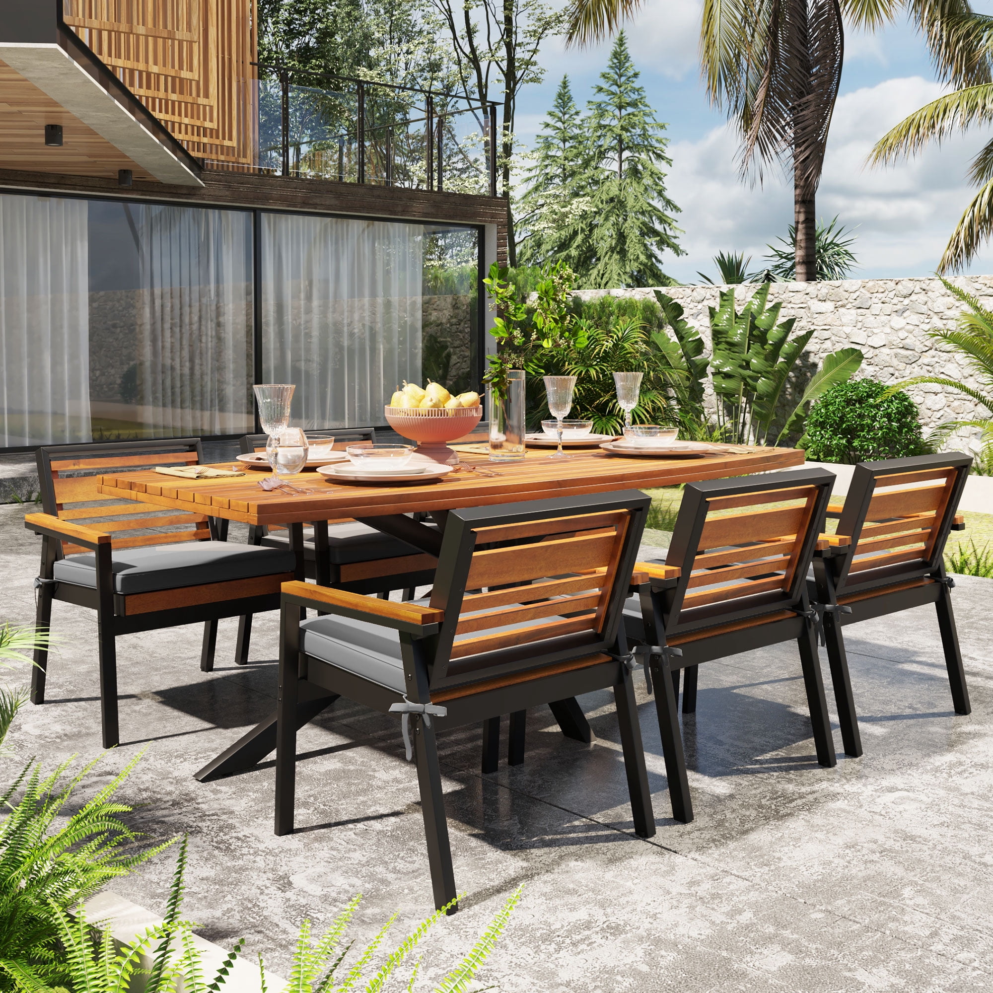 Mintazer 7-Piece Patio Dining Set, Modern Outdoor Furniture Set with Rectangular Table & 6 Detachable Cushions Chairs for Patio Garden Balcony Backyard, Grey & Natural