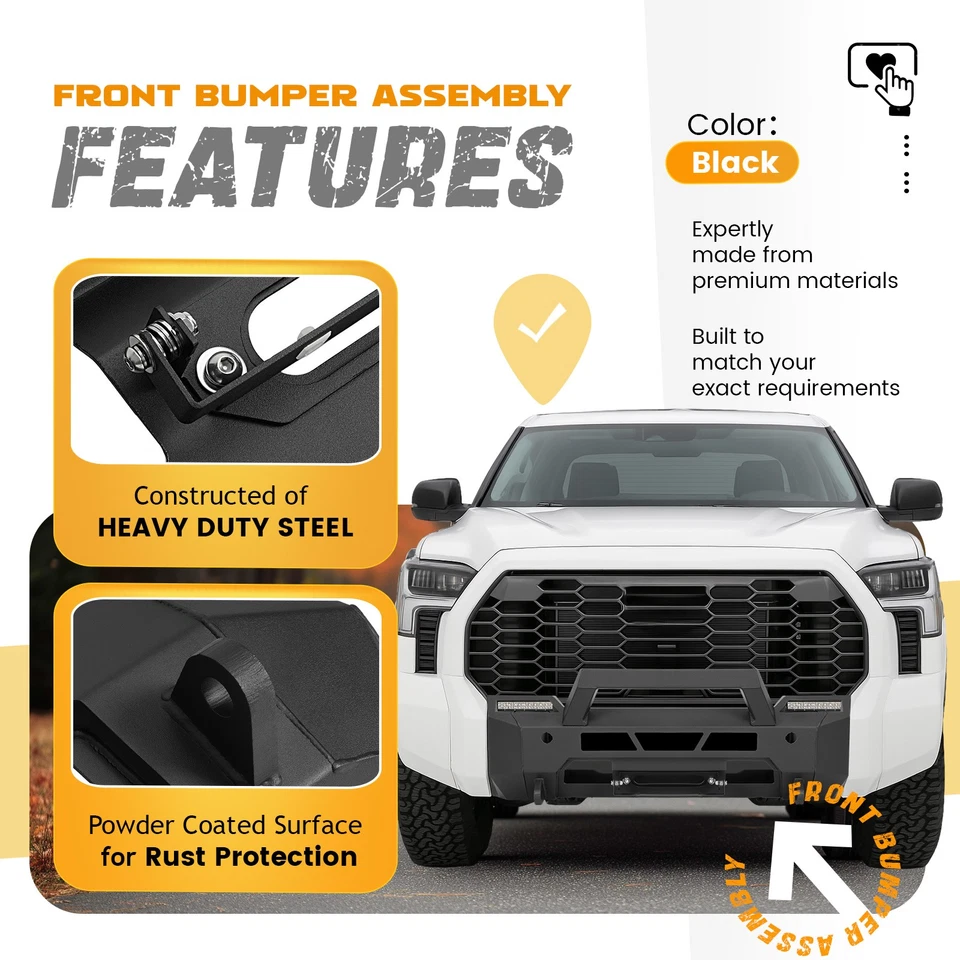Kojem Front Bumper Assembly for 2022-2024 Toyota Tundra Bumper Assembly w/Sensor Holes Steel Powder Coated Black