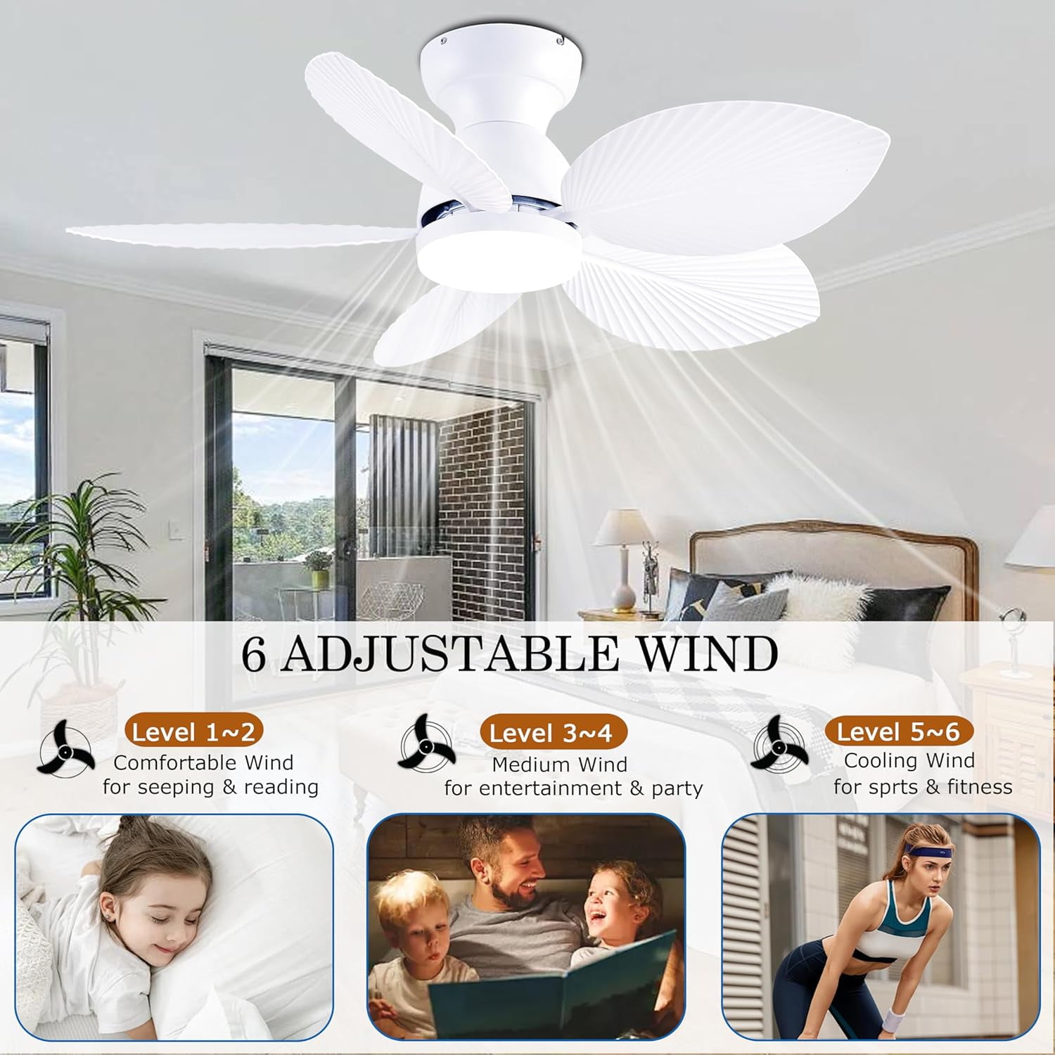 Tropical Ceiling Fans with Light, 38-inch Flush Mount Palm Leaf Ceiling Fans for Bedrooms, Indoors and Outdoors, Remote Control/APP Control, 6-Speed, Dimmable, Reversible, White.
