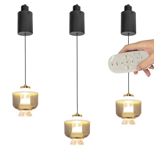 FSLiving Adjustable Height Amber Track Pendnat Light J-Type Retractable Lift Track Pendnat Light by Remote Control with Stepless Dimming Lamp for Bar Kitchen Island,Cream - Set of 3