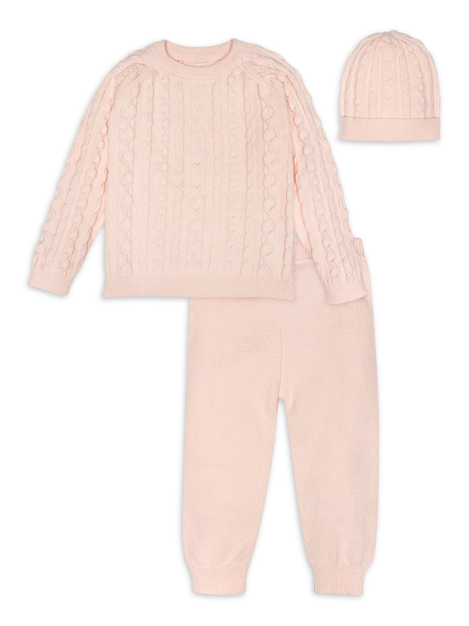3-piece Baby Girl/Boy Solid Color Cable Knit Textured Sweater, Elasticized Pants and Knotted Cap Set