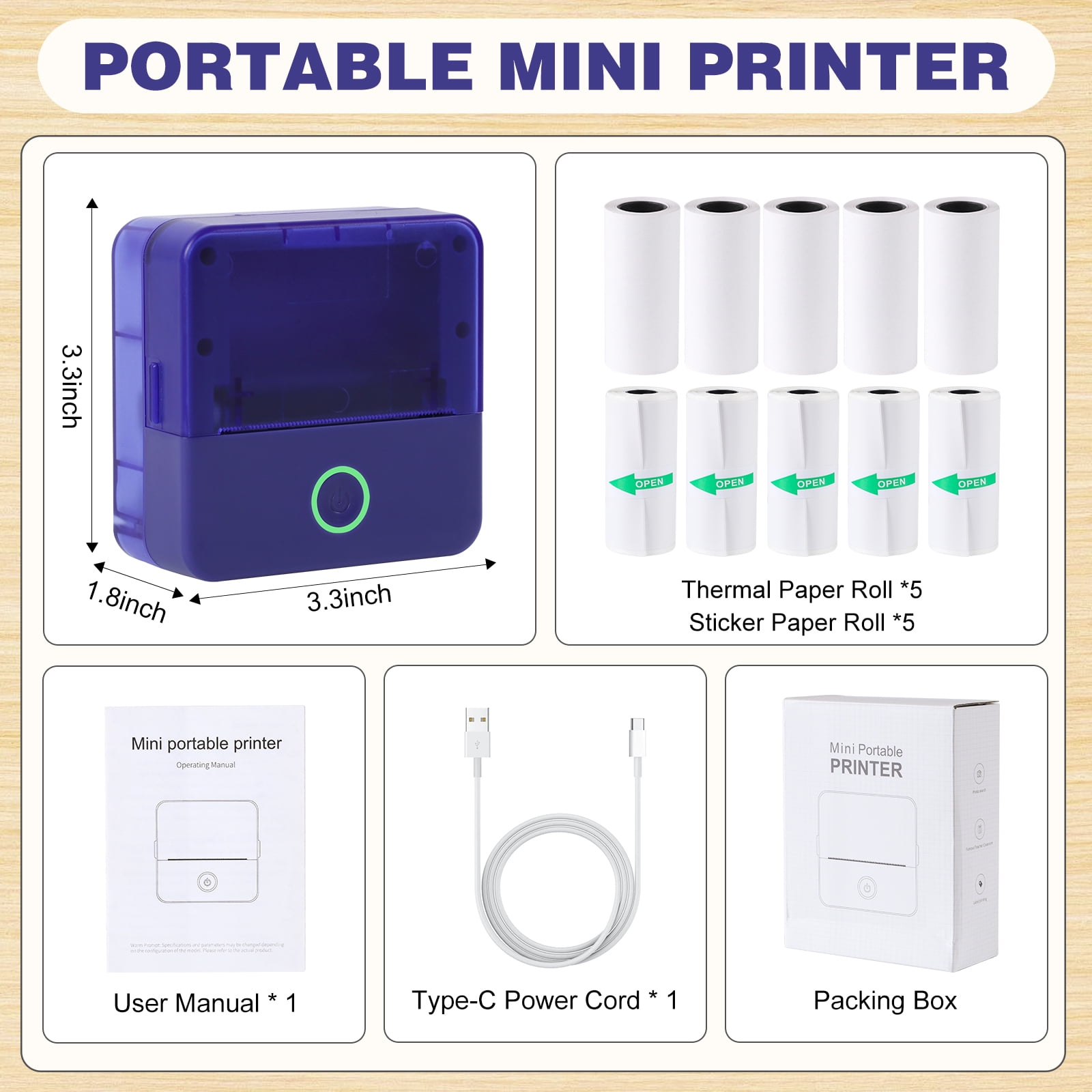 SLOK Print Pods Mini Printer with 10 Rolls Printing Paper, Thermal Inkless Sticker Maker for Notes and DIY, Compatible with iOS & Android, Purple