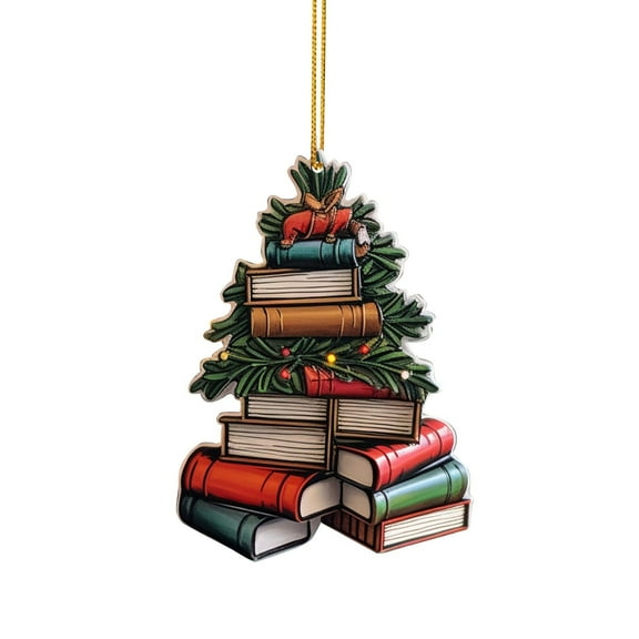 Wooden Book Christmas Ornament - 3D Bookshelf Tree Pendant for Book Lovers, Reading Theme Xmas Tree Decorations Librarian Gifts