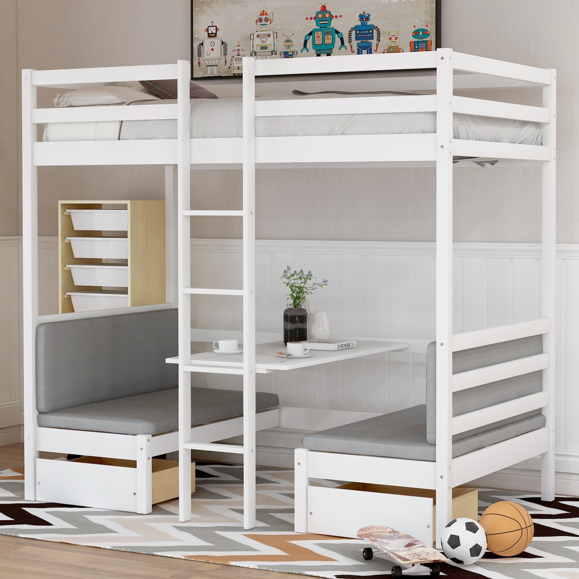 Euroco Solid Wood Convertible Twin Bunk, Queen And Twin Bunk Bed With Desk