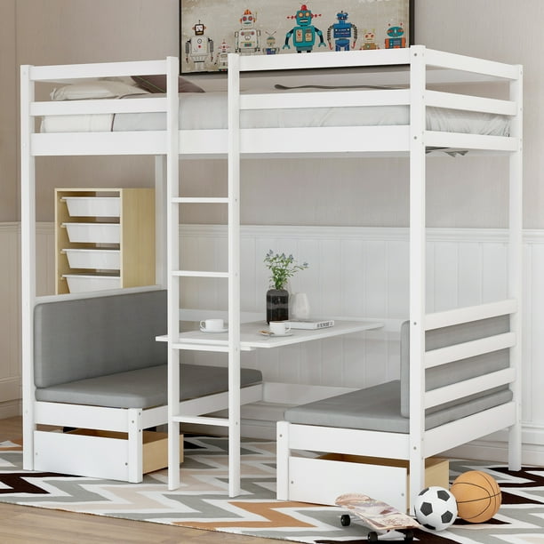 Euroco Solid Wood Convertible Twin Bunk, Twin Loft Bed With Shelves And Desk